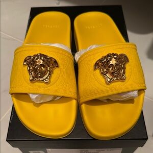 Versace Bright Yellow Slides with Gold Medusa
